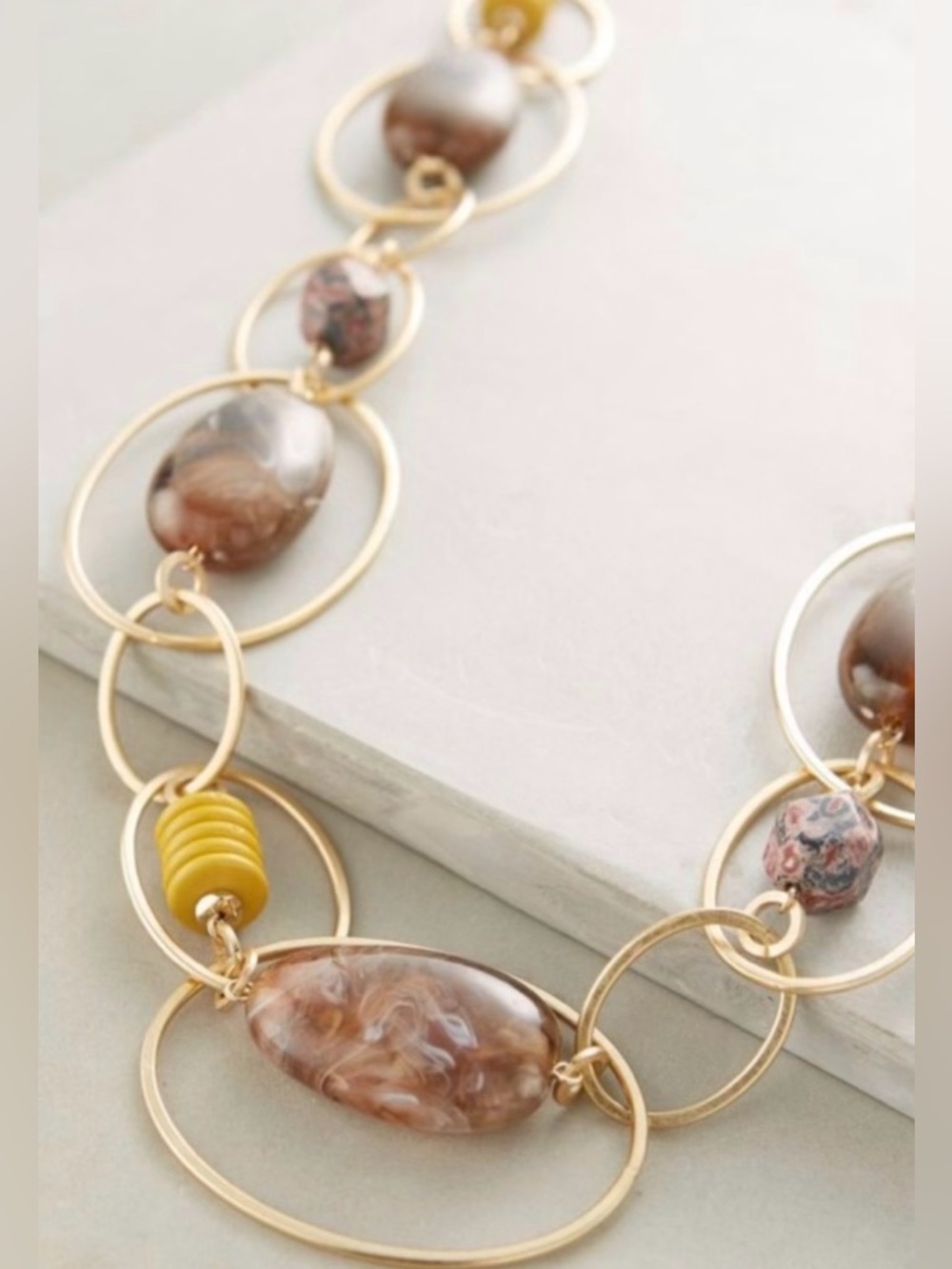 Anthropologie Brown Large Bead Gold Tone Hoops Mustard Beads Necklace OS
